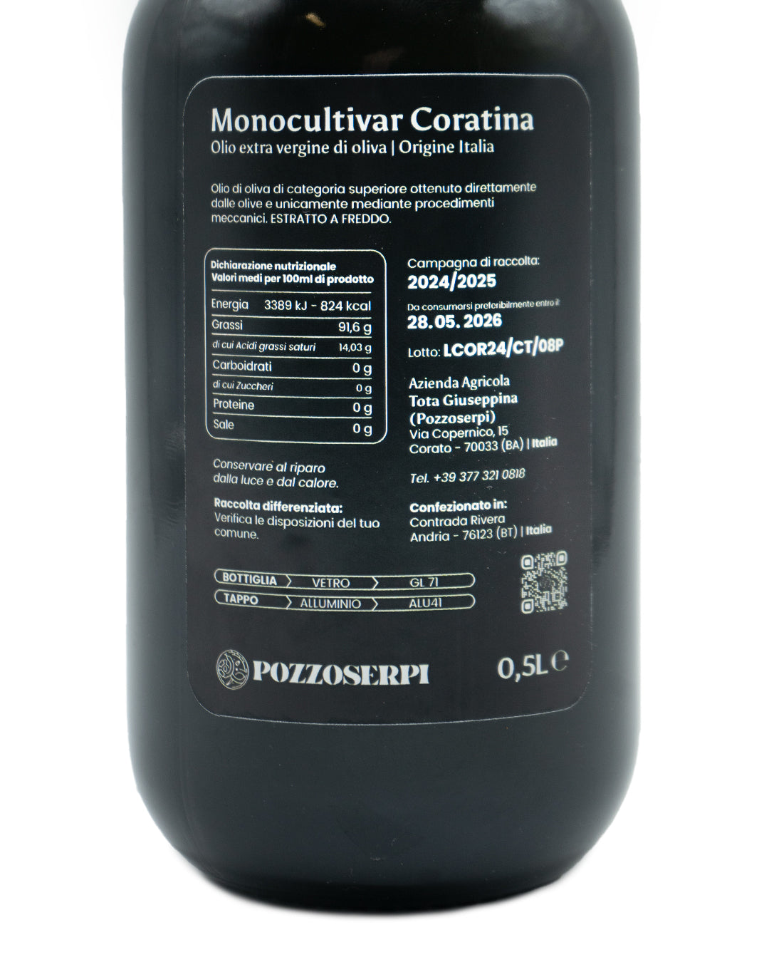 Olio Extra Vergine D'Oliva Monocultivar "La Coratina" - Filtrato - Linea Lux 500g