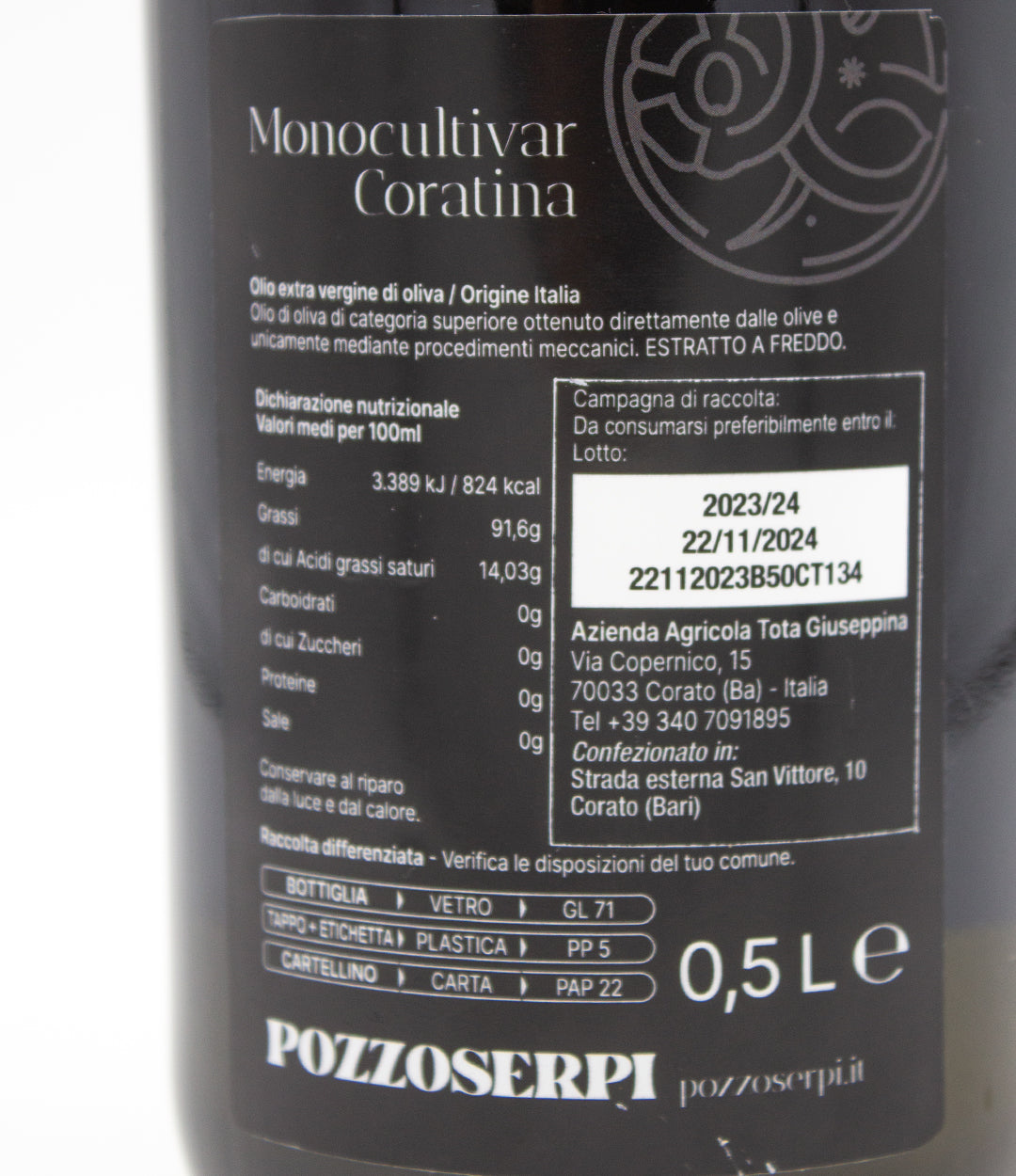 Olio Extra Vergine D'Oliva Monocultivar "La Coratina" - Filtrato - Linea Lux